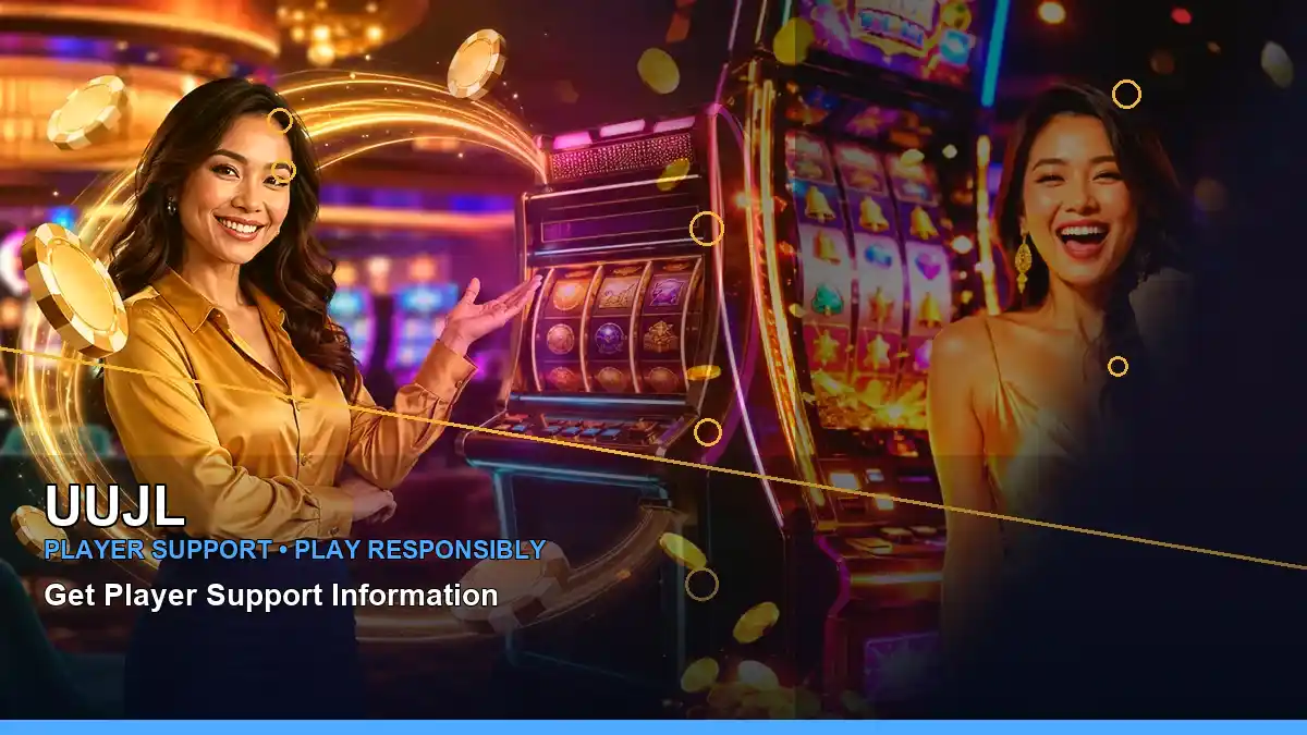 UUJL gold jackpot slot games featuring an adult Filipina casino host with a left-framed composition